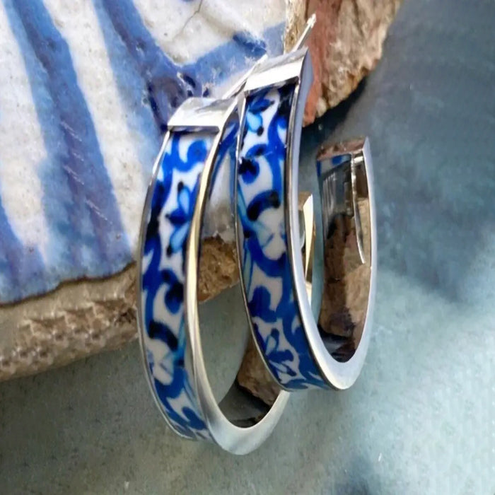 Blue Pattern Chunky Hoop Earrings In Two Metal Tones