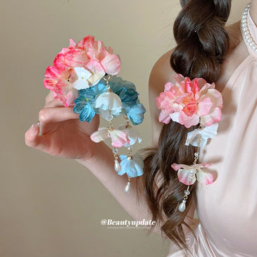 Pink White Flower Cluster Duckbill Hair Clip Pair With Long Tassels