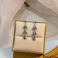 Blue Fan Cascade Gold Tone Long Dangle Stud Earrings view 3