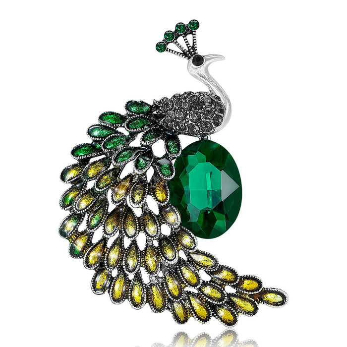 Silver Tone Peacock Brooch Green Crystal Enamel Feather Pin