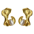 Gold Matte Irregular Organic Metal Pearl Stud Earrings view 5