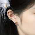 Gold Tone Amber Oval Stud Earrings Clear Marquise Halo Frame view 3