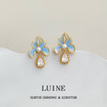 Gold Light Blue Enamel Iris Flower Drop Earrings Pair view 6