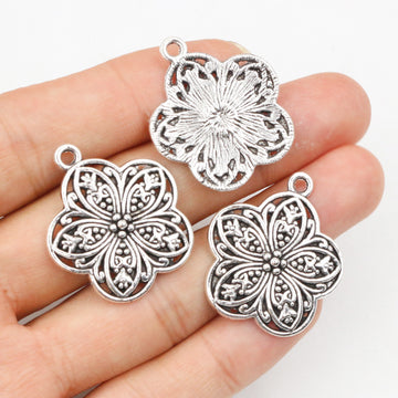Openwork Floral Medallion Metal Charms with Silver Tone Finish