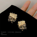 Gold Tone Clear Stone Woven Mesh Square Stud Earrings view 3