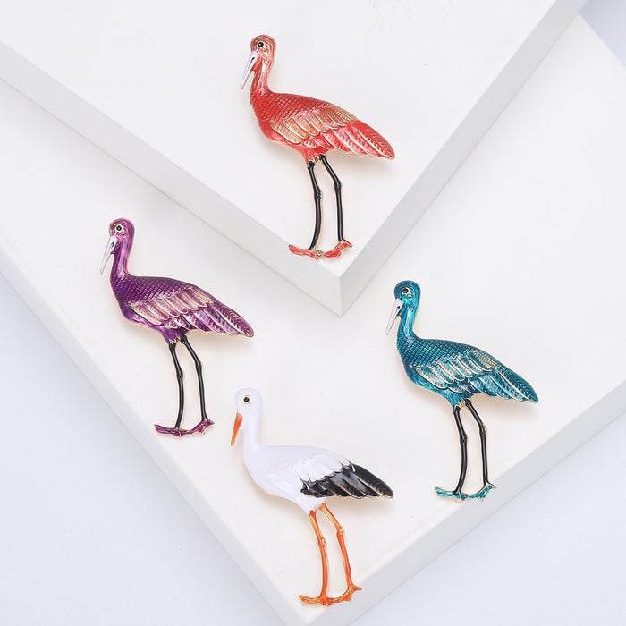 Enamel Standing Crane Brooch Four Color Styles Gold Accents