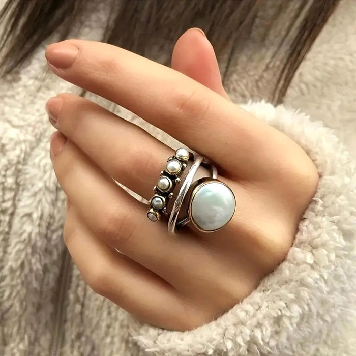 Pearl-Like Double-Orb Open Ring In Gold Silver And Two-Tone