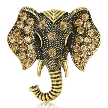 Antique Gold Elephant Head Brooch Champagne Rhinestone Pin