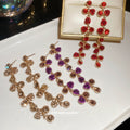 Red Crystal Flower Long Linear Drop Stud Earrings Statement Pair view 2