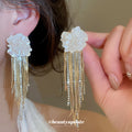 White Flower And Gold Tone Chain Tassel Stud Earrings view 1