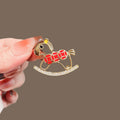 Gold Red Enamel Rocking Horse Brooch Rhinestone Base view 3