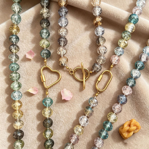 Front display of the pictured flat bead necklaces and its visible color details