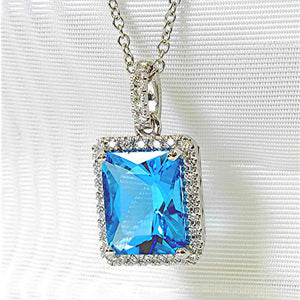Silver Aqua Blue Rectangle CZ Halo Pendant Necklace