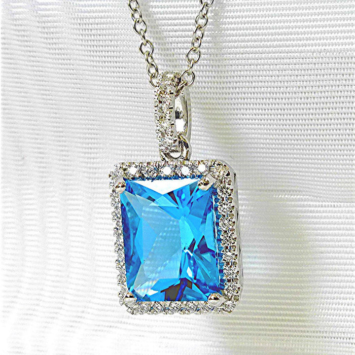 Silver Aqua Blue Rectangle CZ Halo Pendant Necklace
