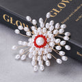 White Pearl Beaded Burst Brooch With Red Crystal Center view 3