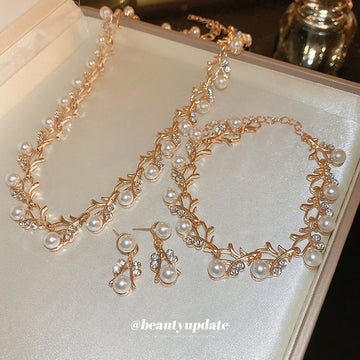 Gold Pearl Leaf Vine Necklace Matching Drop Earring Set