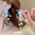 Blue Purple Floral Bow and Crystal Tassel Earrings view 3