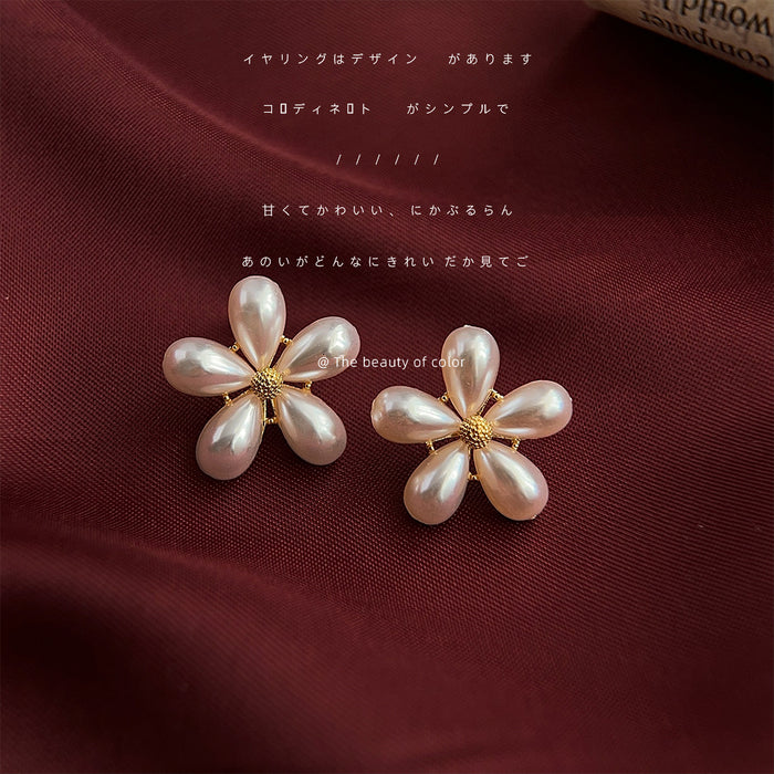 White Pearl Five Petal Flower Stud Earrings Gold Centers