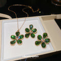 Green Crystal Flower Necklace Earring Set Gold Tone view 3