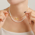 Pearl Strand Bow Bar Necklace And Gold Bow Stud Earrings view 3