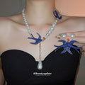 Blue Enamel Swallow Pearl Drop Earrings Gold Tone Pair view 1