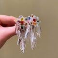 Colorful Flower Cluster And White Tassel Stud Earrings view 4