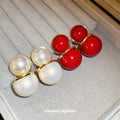Gold Tone Double Disc Stud Earrings in Red and White view 2