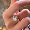 Gold Open Dual Stone Ring Blue Pear Clear Emerald Cut view 3