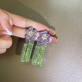 Purple Double Flower Green Crystal Look Fringe Earrings view 3