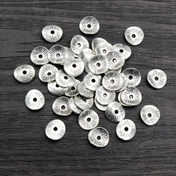 Radial Textured Flat Round Spacer Beads in Antique Silver