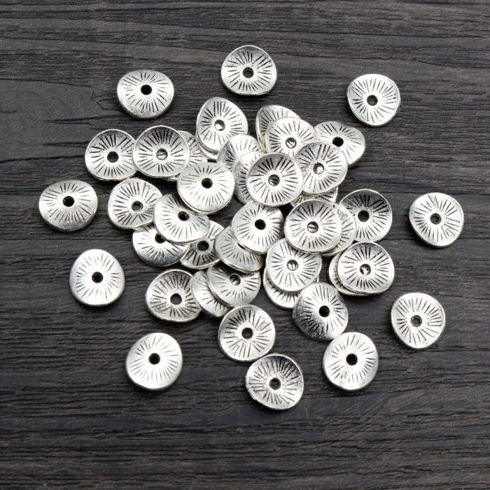 Radial Textured Flat Round Spacer Beads in Antique Silver