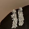 Silver Tone Sculpted Rose Earrings With Cascading Metal Fringe view 6