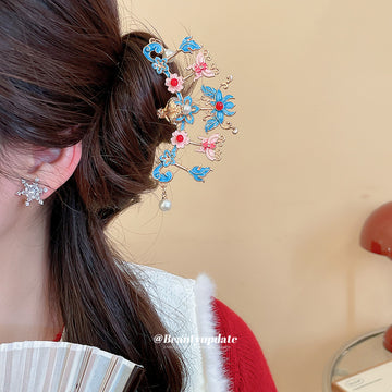 Enamel Butterfly Flower Pearl Double Prong Hairpin