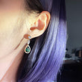 Gold Tone Green Teardrop Halo Drop Earrings Clear Accents view 3