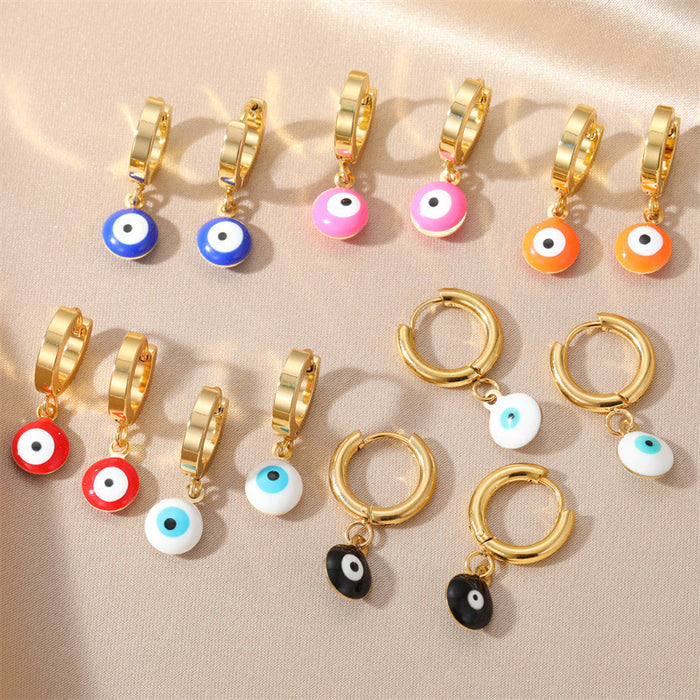 Gold Tone Colorful Evil Eye Huggie Drop Earrings in Seven Colors