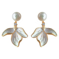 Gold Tone White Pearl Top And Three Petal Flower Drop Stud Earrings view 5