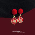 Red Pom Pom Fu Character Drop Earrings Enamel Pair view 3