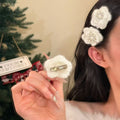 White Knitted Flower Duckbill Clip Pearl Rhinestone Center view 3