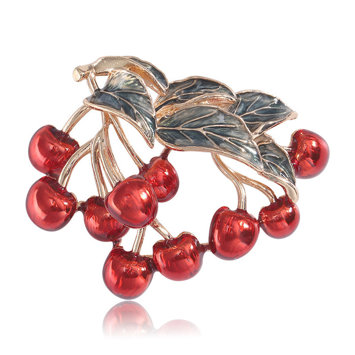 Red Enamel Cherry Cluster Brooch Gold Tone Green Leaf Pin
