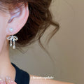 Pearl Bow Drop Earrings with Silver Tone Chain Tassels view 3