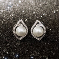 Pearl Center Teardrop Halo Stud Earrings in Silver Tone view 2