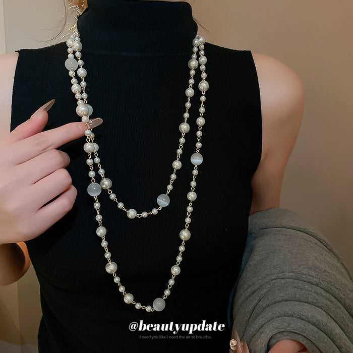 White Pearl Look Double Strand Necklace with Gold Chain