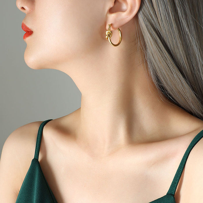 Knotted Circle Hoop Earrings Gold Steel Tone Latch Back