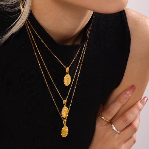 Three layered gold religious medal necklaces with Mary and reverse designs