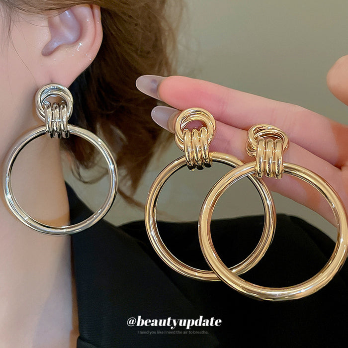 Large Double Circle Metal Drop Stud Earrings Statement Jewelry