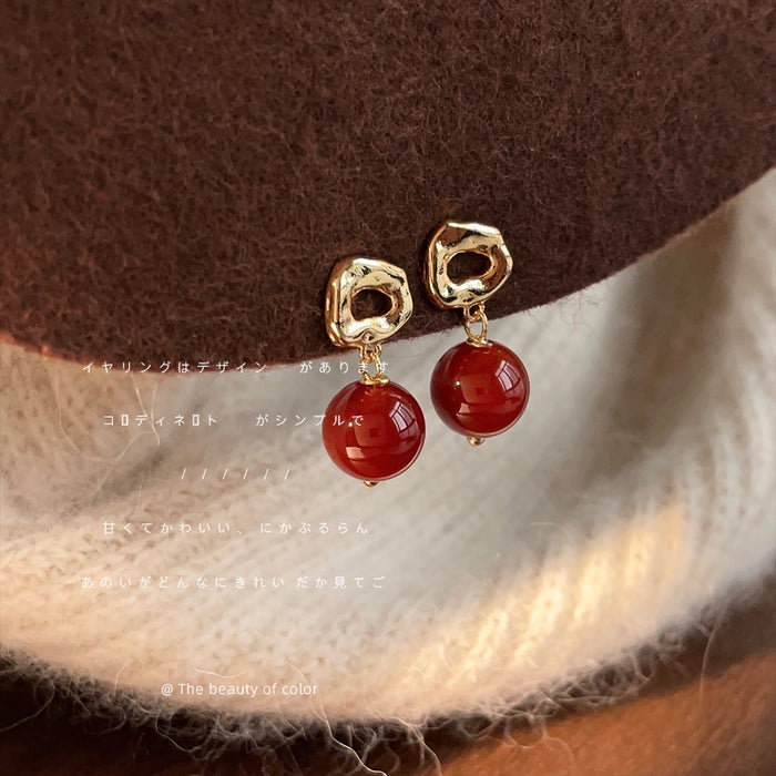 Gold Open Geometric Post Red Agate Ball Drop Earrings