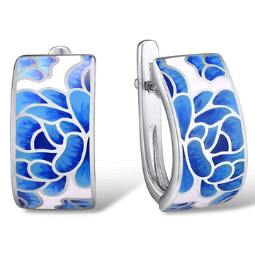 Silver Blue White Lotus Enamel Wide Hoop Latch Earrings