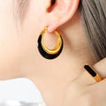 Gold Inner Black White Enamel Outer Geometric Hoop Earrings view 4
