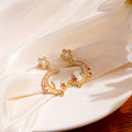 Pink Crescent Moon Rabbit and Flower Gold Stud Earrings view 3