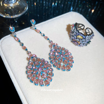 Pink Blue Crystal Drop Earrings Multicolor Gunmetal Ring